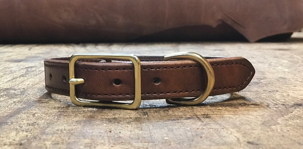 1" Working series stitched dog collar. Made from top quality harness leather. Solid brass hardware. Available in even sizes. Made in the USA.